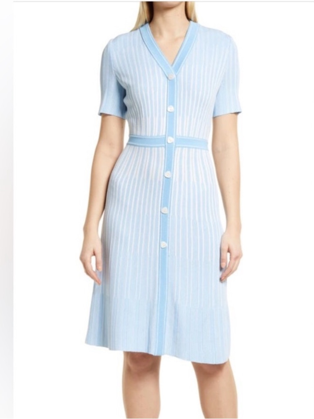 Ming Wang Pale Blue Striped Knit Button-Front Midi Dress